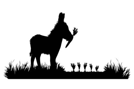 Vector silhouette of donkey eat carrot on garden. Symbol of animal, field, farm, destroy, corp, pest.のイラスト素材