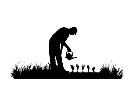 Vector silhouette of gardener works on garden. Symbol of man, old, grandfather, tool, work, people, field, farm, care.のイラスト素材