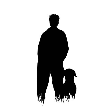 Vector silhouette of man who walking with his dog in the grass on white background. Symbol of pet, animal, trip, hike, nature, park, garden.のイラスト素材