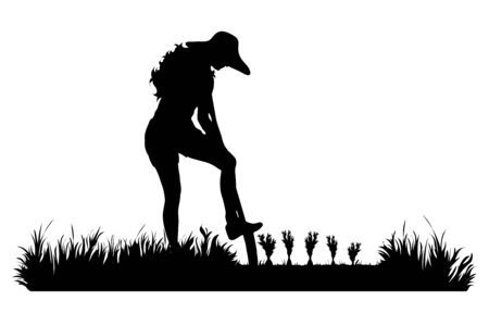Vector silhouette of gardener works on garden. Symbol of girl, tool, work, people, field, farm, care.のイラスト素材