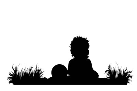 Vector silhouette of child with balloon in the grass on white background. Symbol of baby, toddler, infant, childhood, alone, nature, park, garden.のイラスト素材
