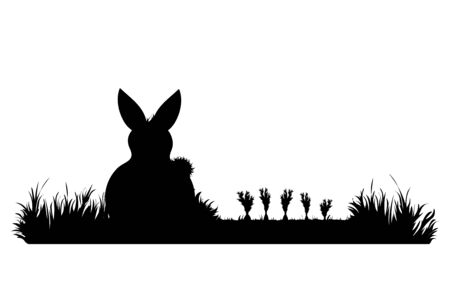 Vector silhouette of rabbit eat carrot on garden. Symbol of animal, field, farm, destroy, corp, pest.のイラスト素材