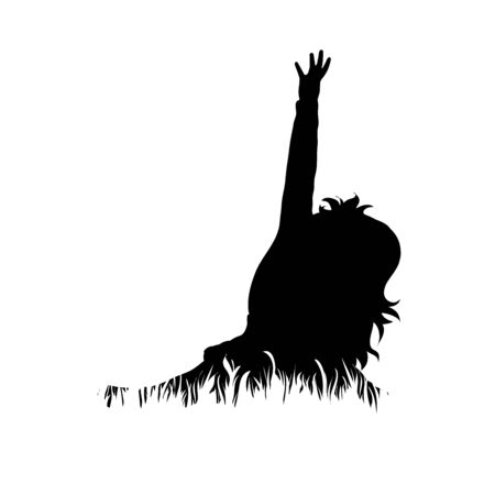 Vector silhouette of child in the grass on white background. Symbol of girl, play, game, alone, infant, childhood, nature, park, garden.のイラスト素材