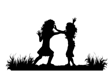 Vector silhouette of siblings on the path on white background. Symbol of girl, sister, friends, family, infant, childhood, nature, park, garden.のイラスト素材