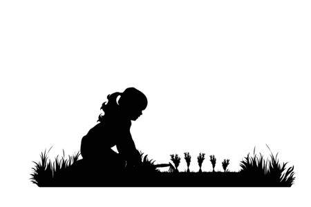 Vector silhouette of gardener works on garden. Symbol of girl, child, tool, work, people, field, farm, care.のイラスト素材