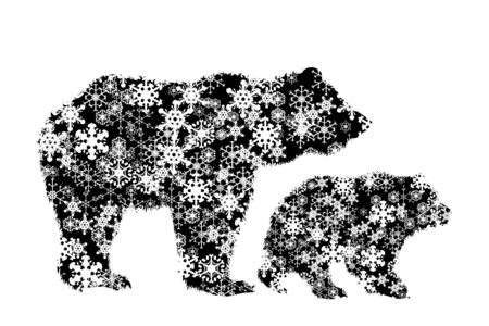 Vector silhouette of snowy bear family on white background. Symbol of wild mother and baby in winter with snowflakes stay together.のイラスト素材