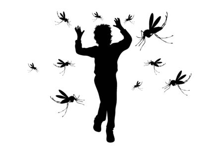Vector silhouette of boy who runs away mosquito on white background. Symbol of annoying insect.のイラスト素材