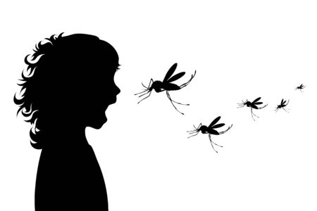 Vector silhouette of girl crying to mosquito on white background. Symbol of annoying and danger insect.のイラスト素材