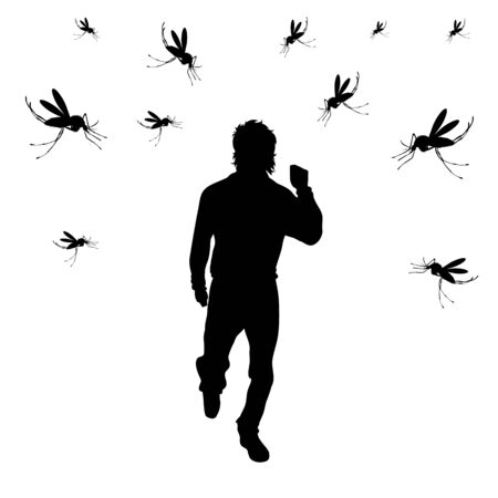 Vector silhouette of man who runs away mosquito on white background. Symbol of annoying insect.のイラスト素材
