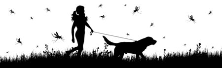 Vector silhouette of woman walking with dog on meadow with mosquitoes on white background. Symbol of nature with grass and insect.のイラスト素材