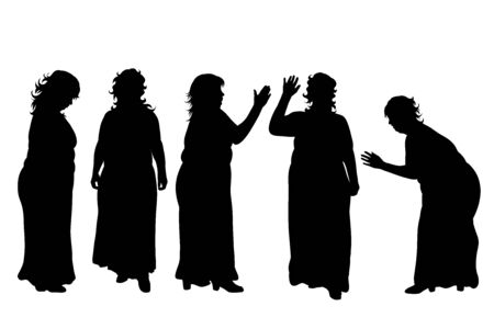 Vector silhouette of obese middle age women on white background. Symbol of lady in different pose.のイラスト素材
