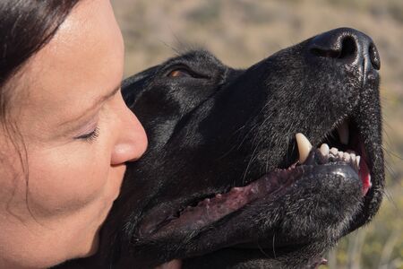 Woman sitting on ground cuddle and kiss Labrador dog while walking in nature.