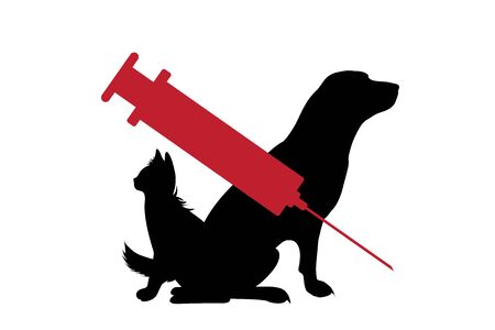 Vector silhouette of dog and cat with vaccination symbol injection on white background. Sign animal testing character.のイラスト素材
