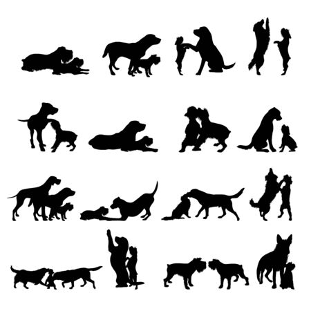Vector silhouette of collection of dogs play together on white background. Symbol of pets and friendship.のイラスト素材