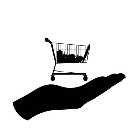 Vector silhouette of hand show shopping cart on white background. Symbol of shop accessories.のイラスト素材