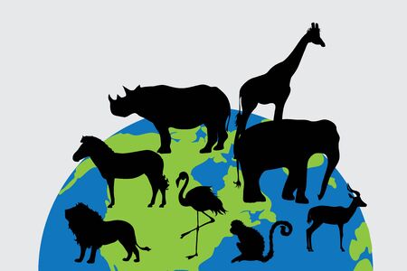 Vector silhouette of world with animal on white background. Symbol of save planet.のイラスト素材