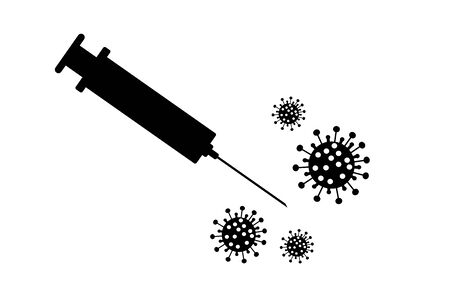 Vector illustration of virus with syringe on white background. Symbol of vaccine disease and coronavirus.のイラスト素材