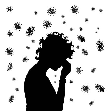 Vector silhouette of woman spreading bacteria on white background. Symbol of disease and coronavirus.のイラスト素材
