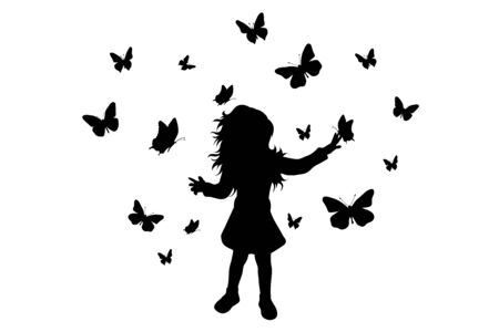 Vector silhouette of girl with butterflies on white background. Symbol of nature and insect.のイラスト素材