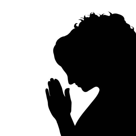 Vector silhouette of anonymous woman who pray on white bakground. Symbol of people and religion.のイラスト素材