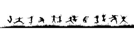Vector silhouette of jumping people in nature on white background. Symbol of sport.のイラスト素材