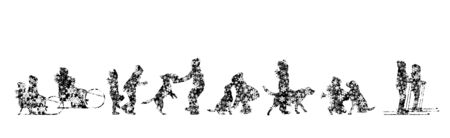 Collection of vector illustration different snowy children with animals. Symbol of winter and flakes.の写真素材