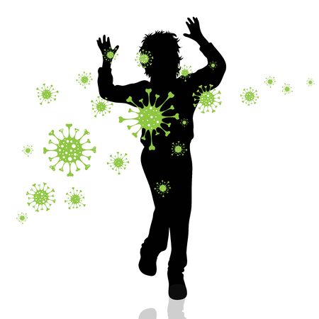 Vector silhouette of child spreading bacteria on white background. Symbol of disease and coronavirus.のイラスト素材