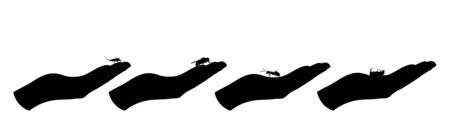 Vector silhouette of collection of insect sitting in human palm on white background. Symbol of insect who annoying people. Danger of diseases.のイラスト素材
