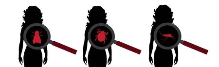 Set of vector silhouette of insect under magnifying glass sitting on person on white background. Symbol of insect who annoying people.のイラスト素材
