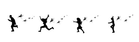 Set of vector silhouette of people who runs away mosquito on white background. Symbol of annoying insect.のイラスト素材