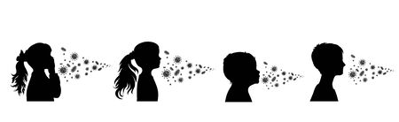 Set of vector silhouette of children spreading bacteria on white background. Symbol of disease and coronavirus.のイラスト素材
