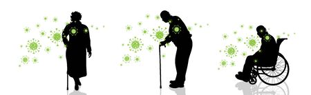 Set of vector silhouette of old people spreading bacteria on white background. Symbol of disease and coronavirus.のイラスト素材