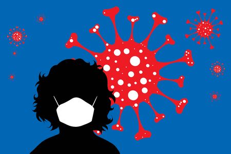Vector illustration of child with medical mask spreading virus sign in air. Symbol of disease and coronavirus.のイラスト素材