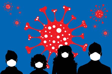 Vector illustration of family with medical mask spreading virus sign in air. Symbol of disease and coronavirus.のイラスト素材