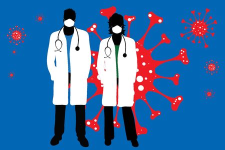 Vector illustration of couple of doctor with medical mask spreading virus sign in air. Symbol of disease and coronavirus.のイラスト素材