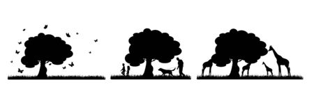 Collection of vector silhouette of animal on meadow on white background. Symbol of nature and wild.のイラスト素材