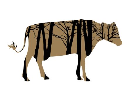 Vector silhouette of cow with trees on background. Symbol of forest.のイラスト素材