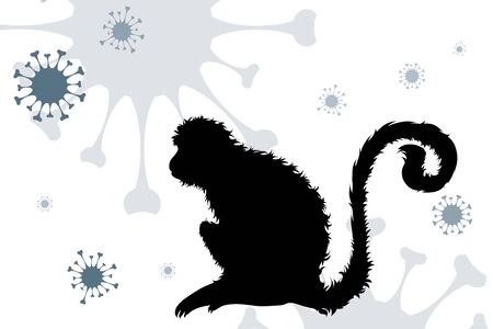 Vector silhouette of monkey on background with spreading bacteria. Symbol of healthy and disease.のイラスト素材