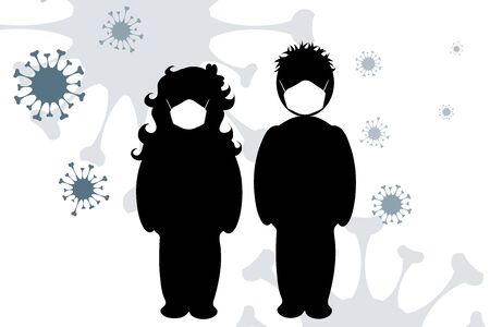 Vector illustration of couple with medical mask spreading virus sign in air. Symbol of disease and coronavirus.のイラスト素材