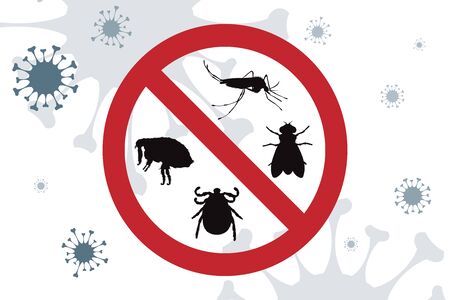 Vector silhouette no mosquito, thick, flea and fly mark on background with spreading bacteria. Symbol of stop malaria and other disease.のイラスト素材
