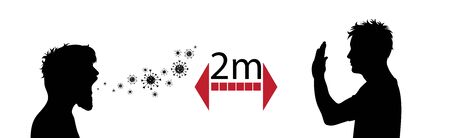 Vector silhouette of keep distance with men spreading bacteria.のイラスト素材