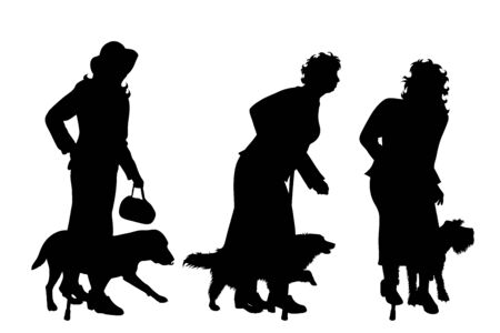 Collection of vector silhouette of old people with dog on white background. Symbol of animal.のイラスト素材