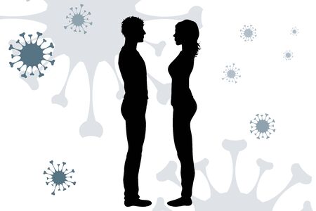 Vector illustration of couple with spreading virus sign in air. Symbol of disease and coronavirus.のイラスト素材