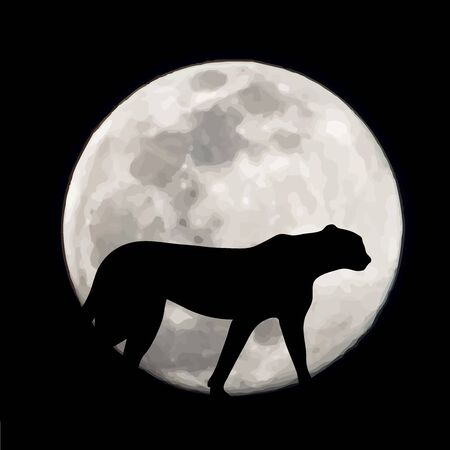 Vector silhouette of cheetah with moon background. Symbol of night.のイラスト素材