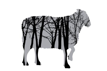Vector silhouette of sheep with trees on background. Symbol of forest.のイラスト素材
