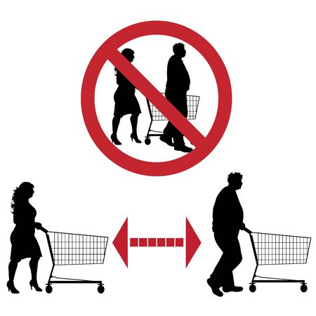 Vector silhouette of keep distance with different people push shopping cart.のイラスト素材