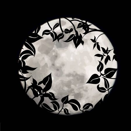 Vector silhouette of leaves with moon background. Symbol of night.のイラスト素材