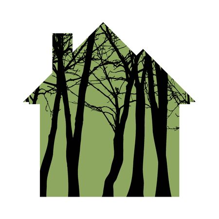 Vector silhouette of house with trees on background. Symbol of forest and nature.のイラスト素材