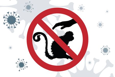 Vector silhouette of ban on touching monkey on background with spreading bacteria.のイラスト素材