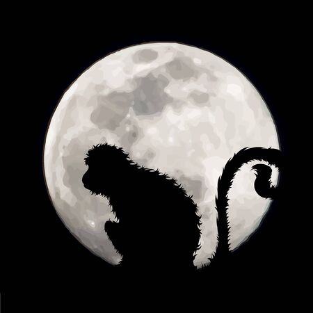 Vector silhouette of monkey with moon background. Symbol of night.のイラスト素材